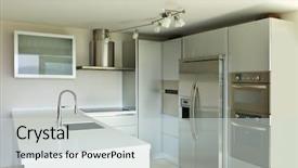  Presentation with house model software - Beautiful PPT theme featuring refrigeration design - beautiful modern house kitchen island backdrop and a soft green colored foreground