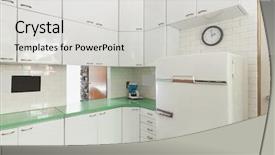  Presentation with kitchen design - Slide deck with refrigeration design - old domestic kitchen background and a light gray colored foreground