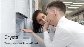  Presentation with family - Audience pleasing theme consisting of refrigeration system - happy family couple looking backdrop and a light gray colored foreground