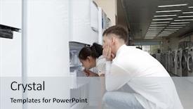  Presentation with family - Colorful slides enhanced with refrigeration system - happy family couple looking backdrop and a light gray colored foreground