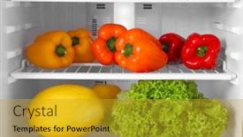  Presentation with refrigerator - Presentation design featuring refrigerator full of vegetables and fruits background and a gold colored foreground