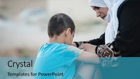  Presentation with arabic woman - Colorful slide deck enhanced with refugee - arabic muslim middle eastern poor backdrop and a teal colored foreground
