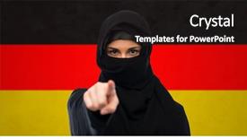  Presentation with woman muslim - Cool new PPT theme with refugee - immigration and people concept backdrop and a wine colored foreground