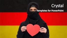  Presentation with woman muslim - PPT theme featuring refugee - love charity valentines day immigration background and a dark gray colored foreground