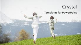  Presentation with girl running on the beach clouds - Theme with refugee children - boy and girl running background and a white colored foreground