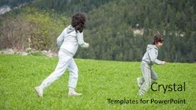  Presentation with girl running on the beach clouds - PPT theme with refugee children - boy and girl running background and a  colored foreground