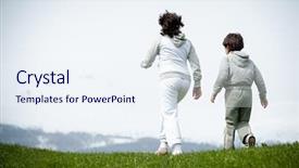  Presentation with girl running on the beach clouds - Beautiful theme featuring refugee children - boy and girl running backdrop and a sky blue colored foreground
