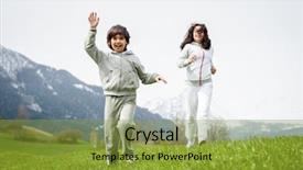  Presentation with spring - Beautiful theme featuring refugee children - boy and girl running backdrop and a gold colored foreground