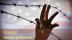  Presentation with immigration - Amazing presentation theme having refugee-men-and-fence-immigration backdrop and a tawny brown colored foreground