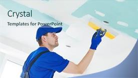  Presentation with women glass ceiling business cartoon - Colorful presentation enhanced with refurbishment plasterer spackling a gypsum backdrop and a sky blue colored foreground