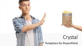  Presentation with food potato chips crisps snacks - Cool new slide deck with refusing to eat potato crisp backdrop and a white colored foreground