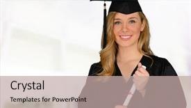  Presentation with college - Colorful slide set enhanced with regalia - young successful woman graduating backdrop and a mint green colored foreground