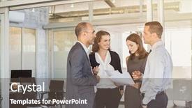  Presentation with employees working together - Audience pleasing slides consisting of regard - company employees in conversation regarding backdrop and a dark gray colored foreground