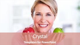  Presentation with few apple crumbs - Beautiful slide deck featuring regime - mature smiling woman with apple backdrop and a coral colored foreground