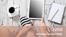  Presentation with coffee cup - PPT theme enhanced with regime - woman with tablet cup background and a coral colored foreground