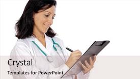  Presentation with lady - Beautiful PPT theme featuring registered nurse - lady doctor writing backdrop and a coral colored foreground