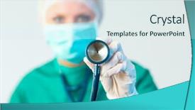  Presentation with focus - PPT theme with registered nurse - young female suregon holding stethoscope background and a sky blue colored foreground