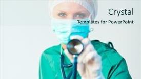  Presentation with mature masked female surgeon - Theme featuring registered nurse - young female surgeon holding stethoscope background and a sky blue colored foreground