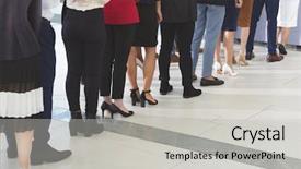  Presentation with diverse business people - PPT layouts with registration table in office lobby background and a light gray colored foreground