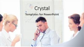  Presentation with team meeting - PPT theme enhanced with regression - stressed male boss on business background and a white colored foreground