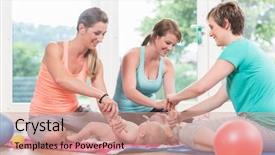  Presentation with young children - PPT theme with regression - young mothers practicing how background and a coral colored foreground