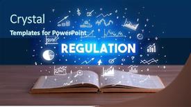  Presentation with business book - Slide deck having regulation-inscription-coming-out background and a ocean colored foreground