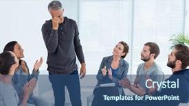  Presentation with group therapy - Slide set with rehab group applauding delighted man background and a ocean colored foreground