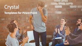  Presentation with mental health group therapy - Audience pleasing presentation theme consisting of rehab group applauding delighted man backdrop and a coral colored foreground