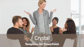  Presentation with group therapy - PPT theme featuring rehab group applauding happy woman background and a violet colored foreground