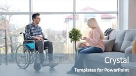  Presentation with housing - Presentation design having rehabilitating housing - mature woman talking to young background and a seafoam green colored foreground