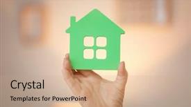  Presentation with senior care - Amazing PPT layouts having rehabilitating housing - senior woman holding house figure backdrop and a coral colored foreground