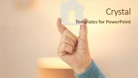  Presentation with senior care - Audience pleasing theme consisting of rehabilitating housing - senior woman holding house figure backdrop and a cream colored foreground