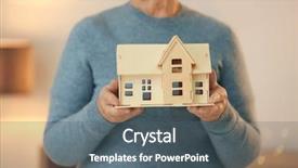  Presentation with senior care - Slide set consisting of rehabilitating housing - senior woman holding house model background and a gray colored foreground