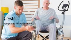  Presentation with senior fitness - Cool new presentation with rehabilitation - coach helping invalid senior backdrop and a light blue colored foreground