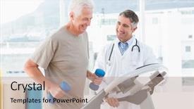 Presentation with treadmill - Presentation design having rehabilitation - senior man on treadmill background and a coral colored foreground