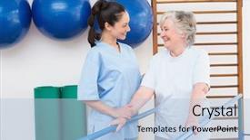  Presentation with senior fitness - Amazing PPT theme having rehabilitation - senior woman walking with parallel backdrop and a light blue colored foreground