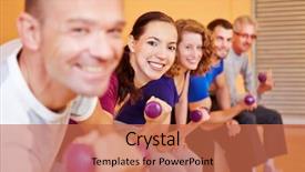  Presentation with group of happy couples - Amazing PPT layouts having rehabilitation exercises - happy group lifting dumbbells backdrop and a coral colored foreground