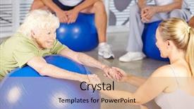  Presentation with rehab - Audience pleasing slides consisting of rehabilitation exercises - happy senior woman with fitness backdrop and a coral colored foreground