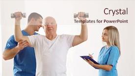  Presentation with physiotherapist - PPT theme having rehabilitation exercises - physiotherapist working with elderly patient background and a sky blue colored foreground
