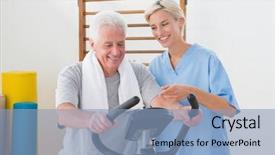  Presentation with exercise bike - PPT layouts enhanced with rehabilitation exercises - senior man doing exercise bike background and a  colored foreground