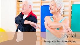  Presentation with senior fitness - Amazing PPT theme having rehabilitation exercises - senior people in fitness exercise backdrop and a coral colored foreground