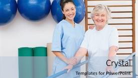  Presentation with rehabilitation - Presentation theme enhanced with rehabilitation exercises - senior woman and therapist looking background and a  colored foreground