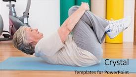  Presentation with senior fitness - Slide set consisting of rehabilitation exercises - senior woman working on exercise background and a coral colored foreground