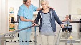  Presentation with rehabilitation - Presentation design featuring rehabilitation therapist supports senior woman background and a mint green colored foreground