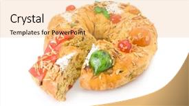  Presentation with slice of decorated cake - Presentation design featuring rei made with candied fruit background and a  colored foreground