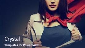  Presentation with super girl - Audience pleasing slide set consisting of reincarnation - young pretty woman opening her backdrop and a navy blue colored foreground