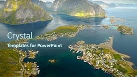  Presentation with trail - Theme enhanced with reine norway fishing village in moskenesoya island aerial view from reinebringen hiking trail background and a ocean colored foreground