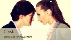  Presentation with anonymous invisible face in urban - Colorful slide deck enhanced with relationship breakdown - two angry businesswomans face backdrop and a  colored foreground
