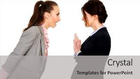  Presentation with angry - Audience pleasing slide set consisting of relationship breakdown - two angry businesswomans backdrop and a light gray colored foreground