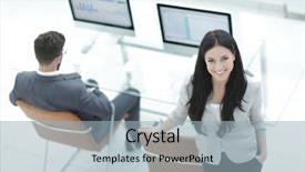  Presentation with business near shoring - Theme with relationship chart - successful business woman standing near background and a  colored foreground